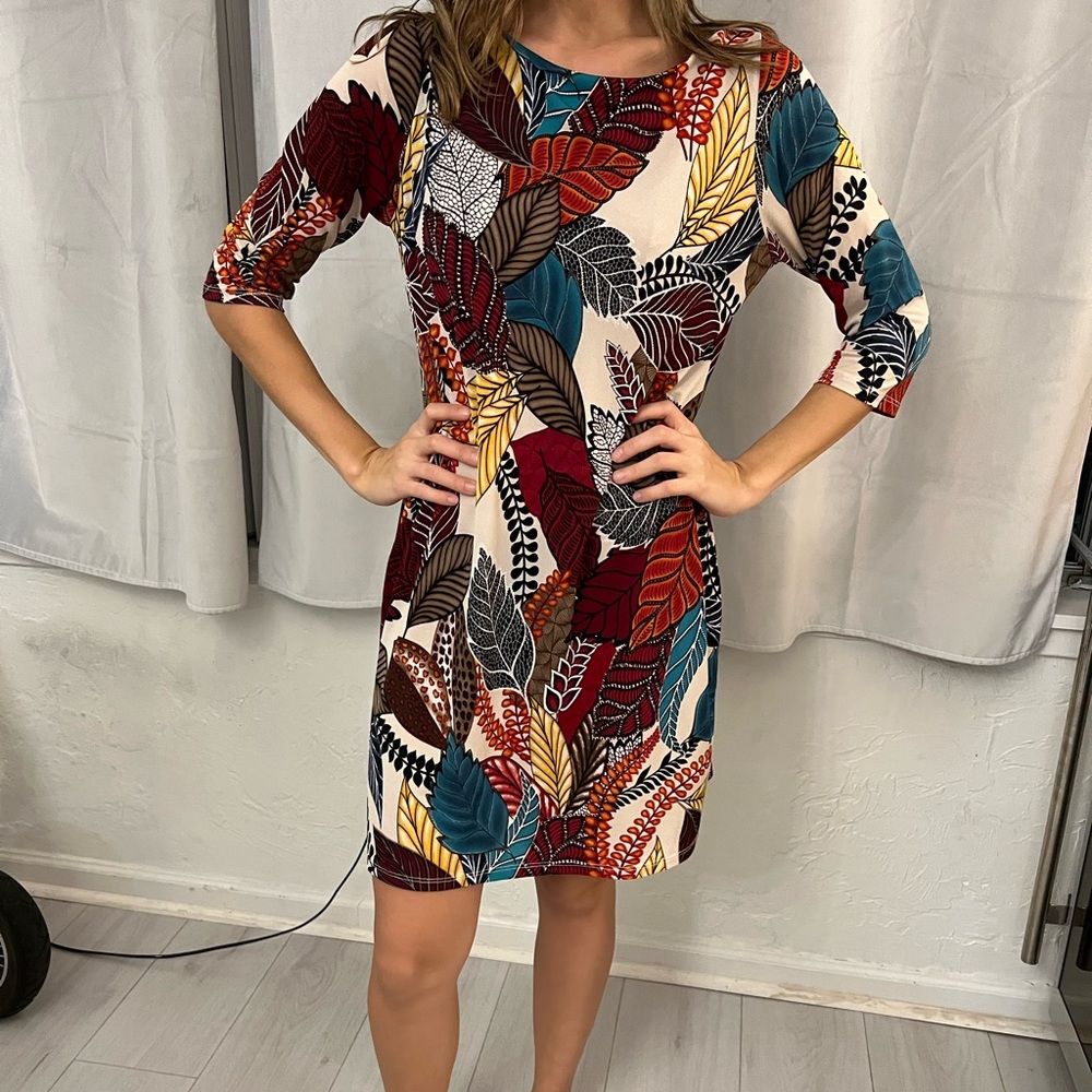 Multi colored dress perfect for night dinner, light weight mini and fun